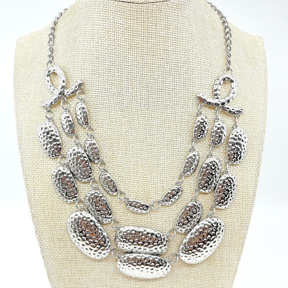 Necklace Vintage Y2K‎ Retro Silver Hammered Metal Triple Layer Bib Statement
